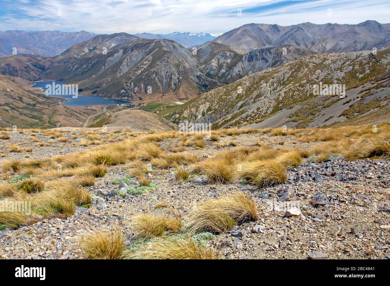 Vista del Lago Coleridge dalle pendici del picco Foggy sopra il Passo Porters Foto Stock