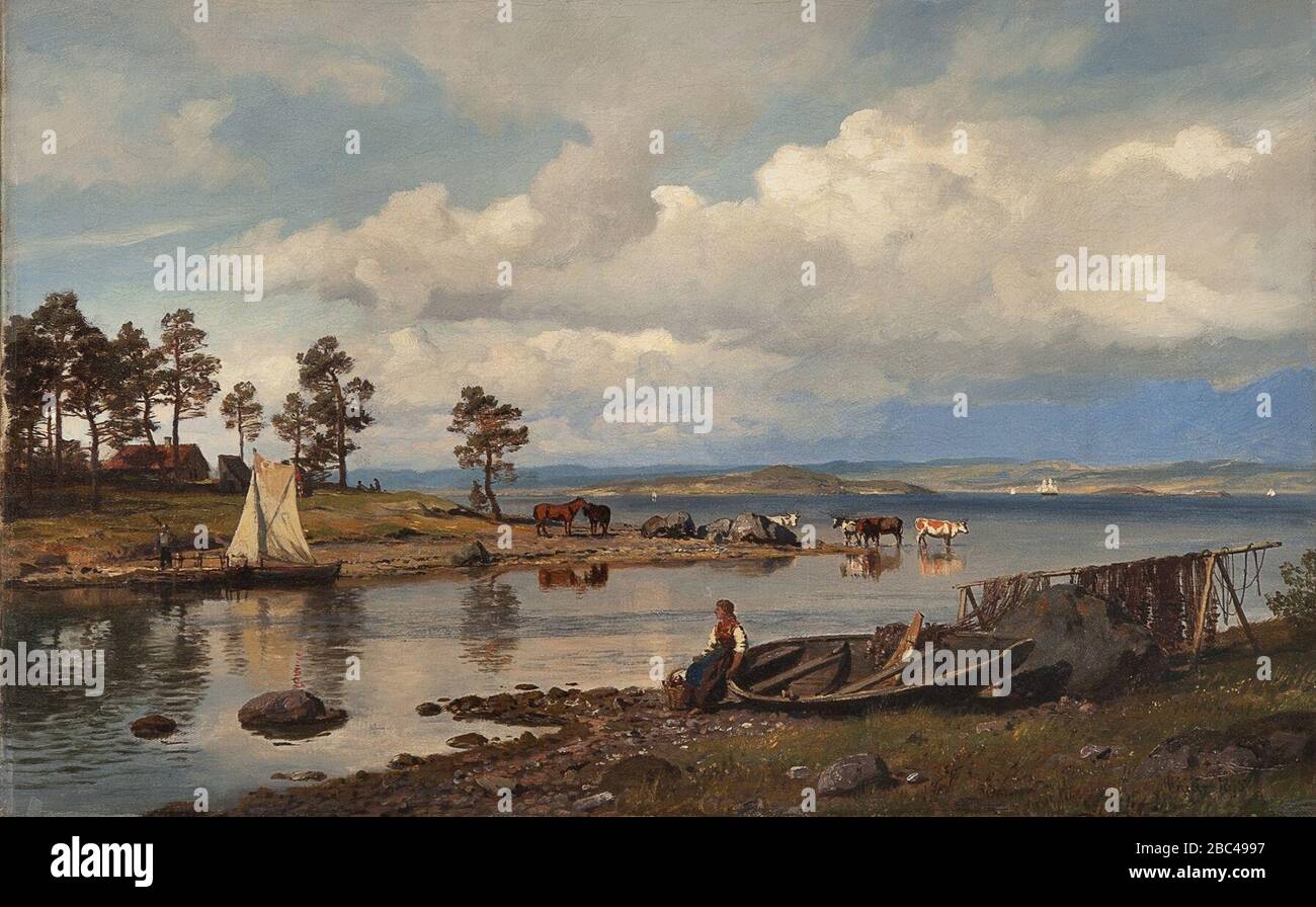 Hans Gude - Fjordlandskap med folkeliv (1875). Foto Stock