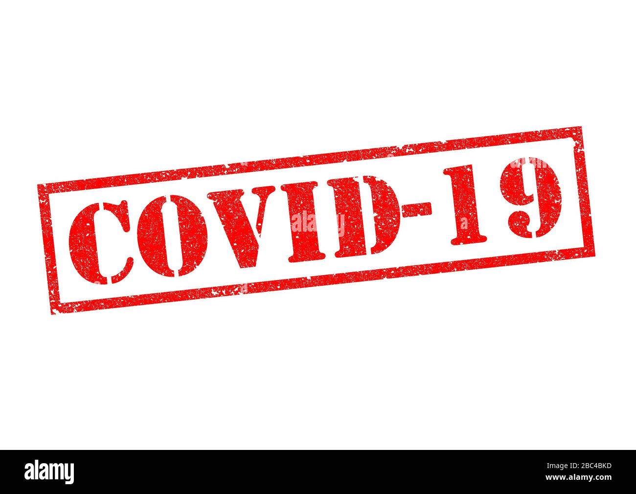 COVID-19 rosso gomma Stamp su sfondo bianco. Foto Stock