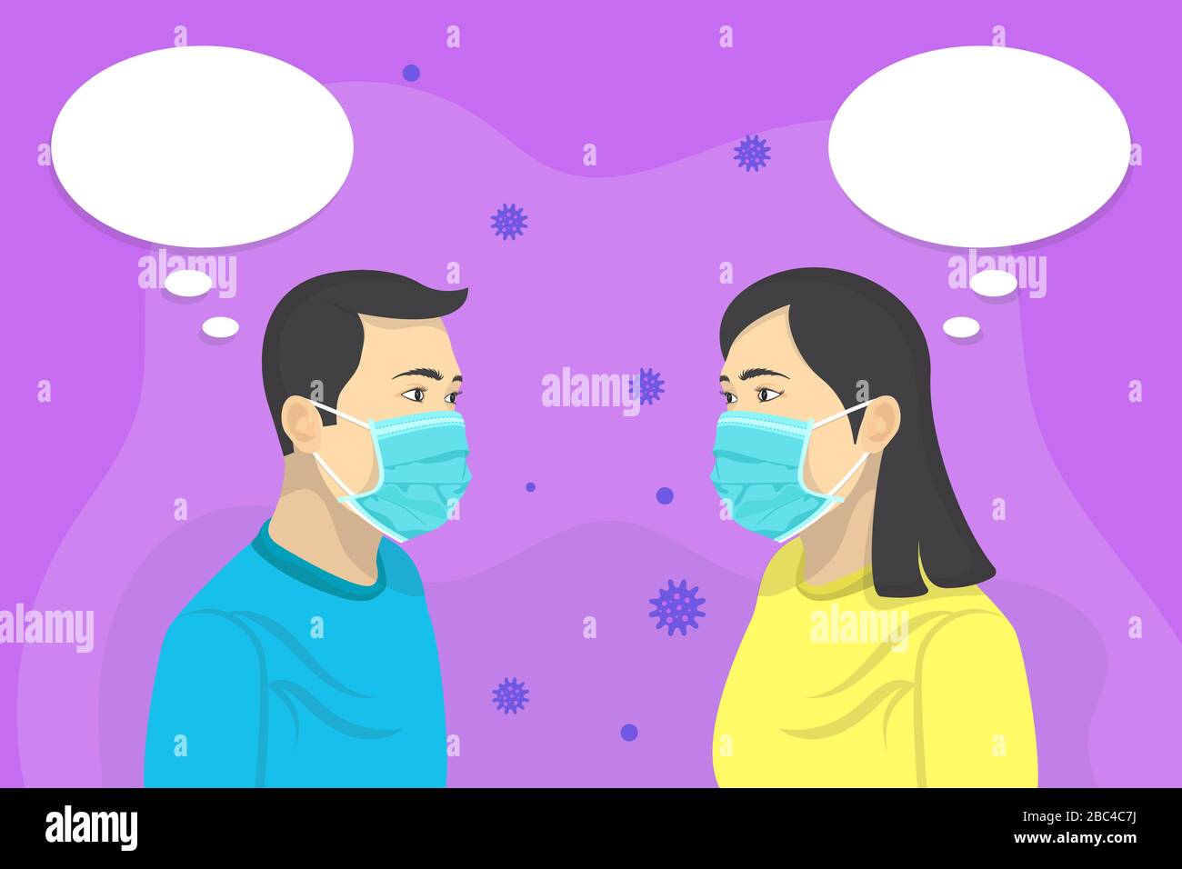 Illustrazione del concetto di coronavirus. Malattia di virus. Uomini e donne che hanno conversazioni, usano maschere per prevenire il virus corona. Illustrazione Vettoriale