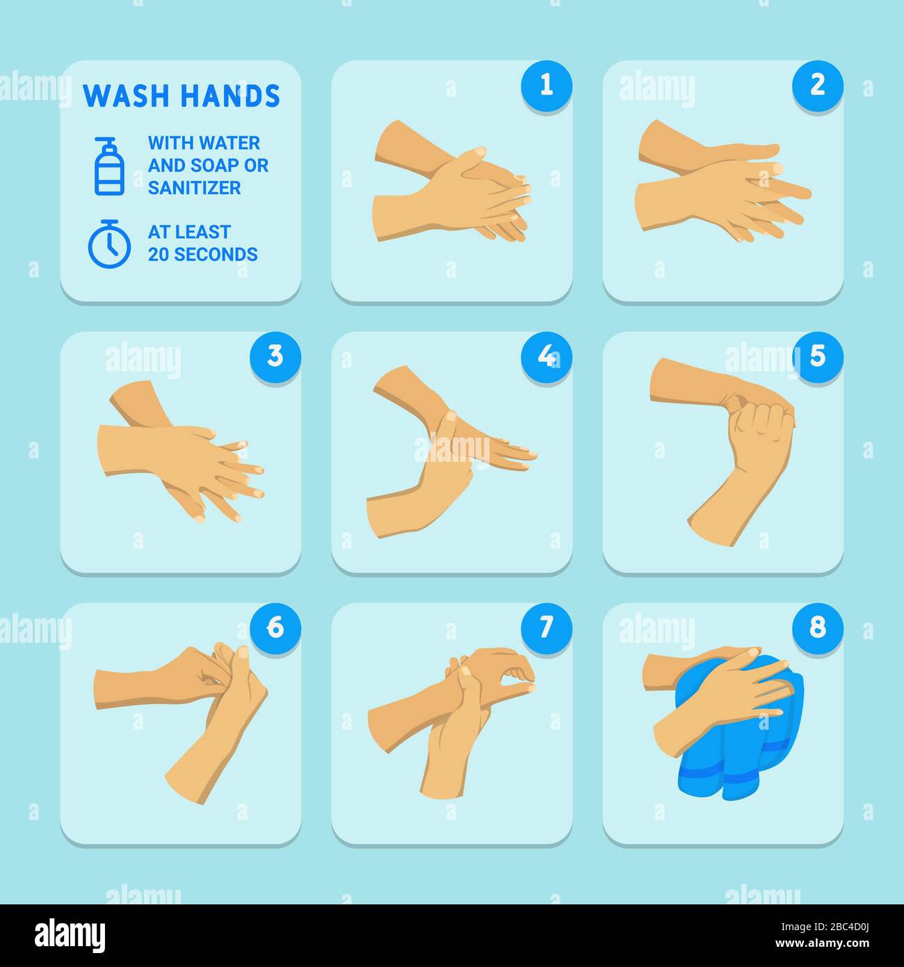 Lavare le mani con acqua e sapone o soluzione igienizzante per almeno 20 secondi. Infografica su come lavarsi le mani. Prevenire virus e batteri. Illustrazione Vettoriale