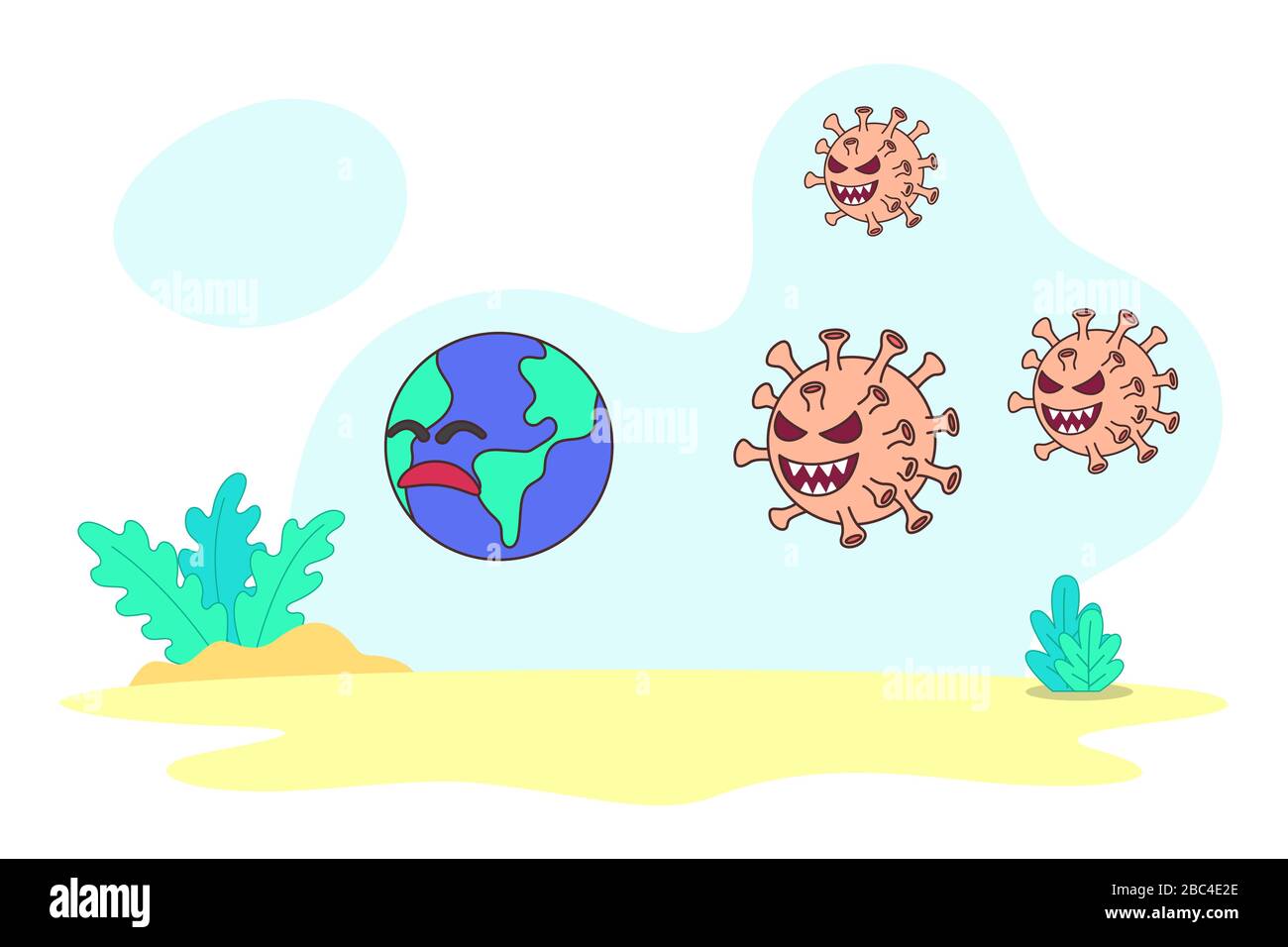 Immagine vettoriale il virus Corona attacca la terra. Il virus Corona sta inseguendo la terra come metafora del virus corona epidemico nel mondo. Illustrazione Vettoriale