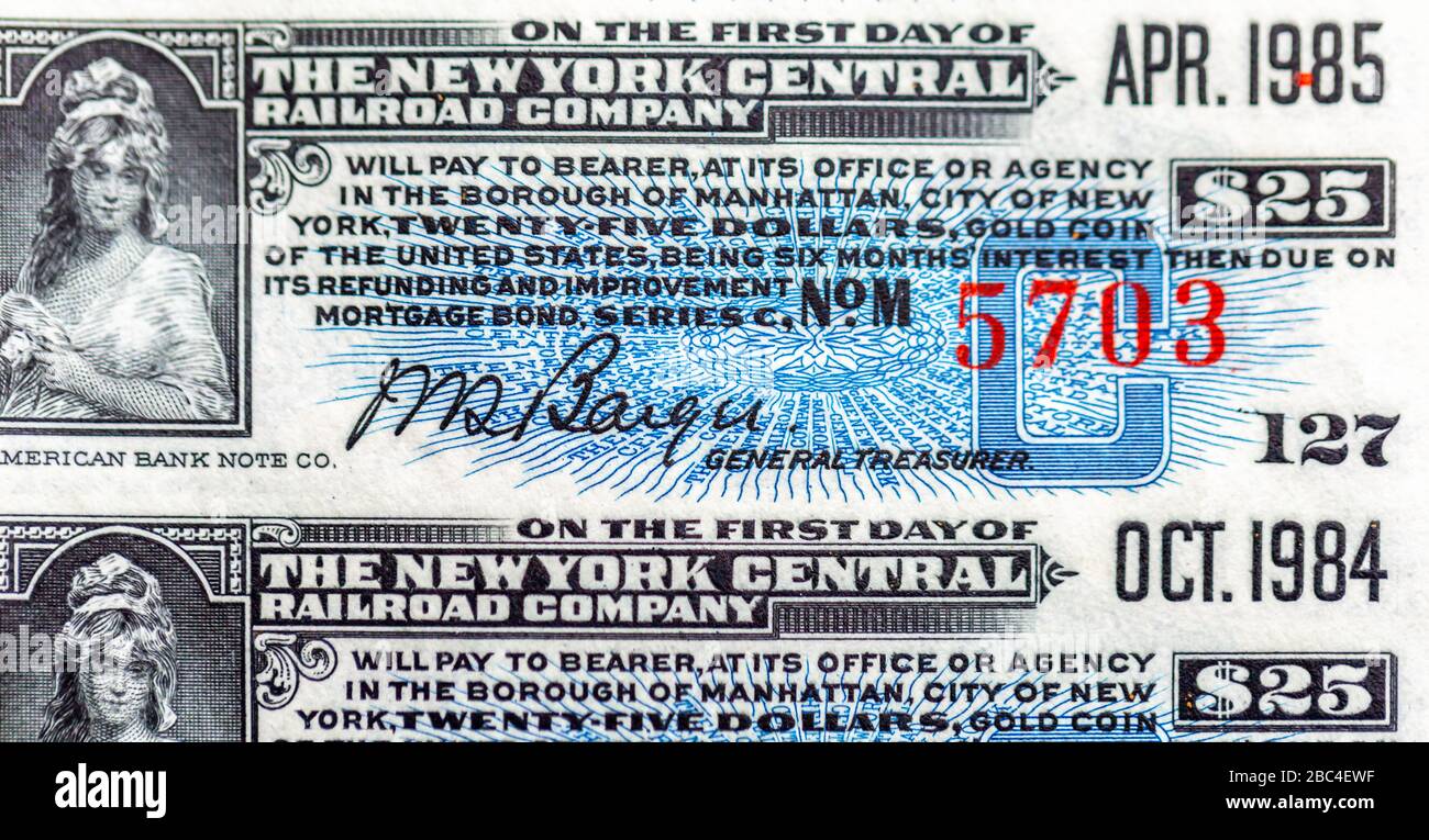 Un coupon per la New York Central Railroad Company per 25 dollari Foto Stock