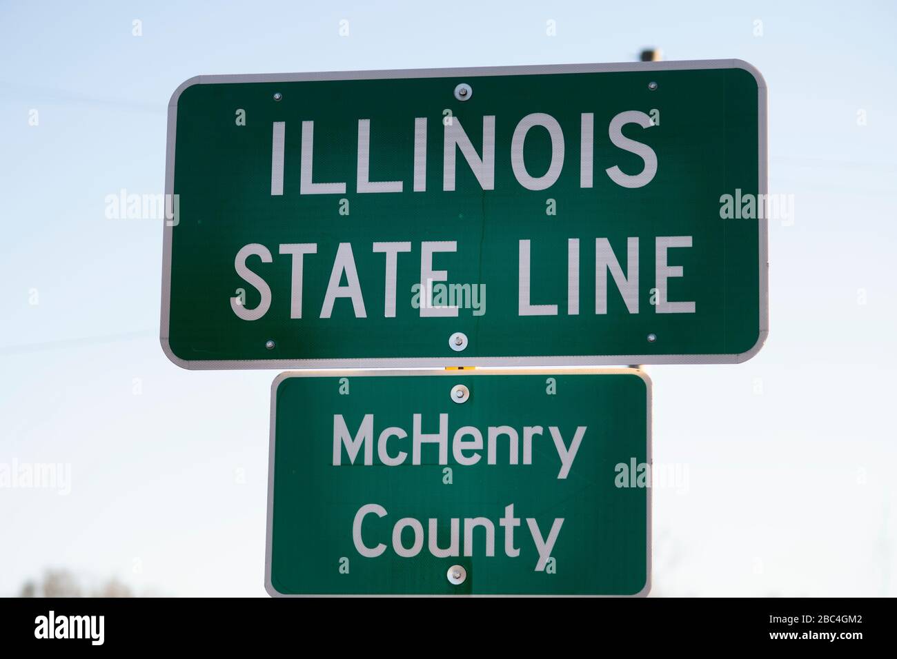 Big Foot Prairie, Illinois, Stati Uniti. Firma che definisce il confine tra Illinois e Wisconsin. Foto Stock