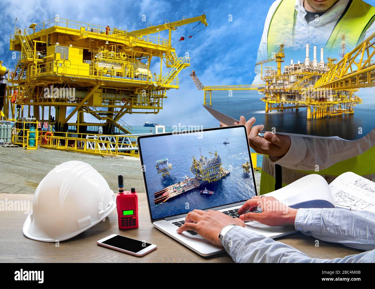Immagine del concetto di sicurezza delle attrezzature da lavoro, industriale e industriale per lavori di perforazione e del settore dei trasporti per installazioni offshore Foto Stock