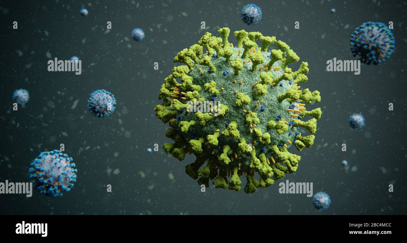 Green COVID-19 Corona influenza Virus Molecule with Blue Contrast Molecules Floating in Particules - nCOV Coronavirus Pandemic Outbreak Cover Photo 3D Foto Stock