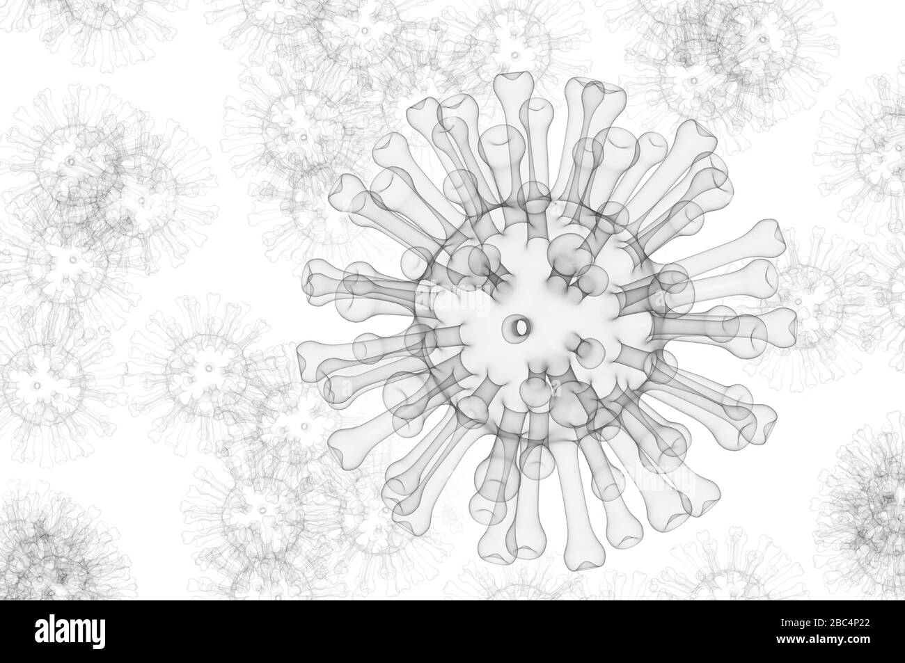 Coronavirus COVID-19 sfondo di illustrazione in bianco e nero 3d. Sfondo SARS-COV-2 con spazio di copia. Foto Stock