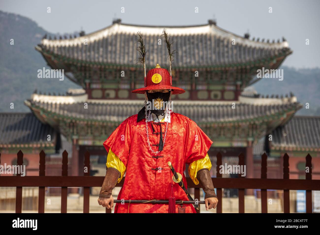 Guardia cerimoniale che indossa una maschera durante la pandemia di Coronavirus, Seoul, Corea del Sud Foto Stock