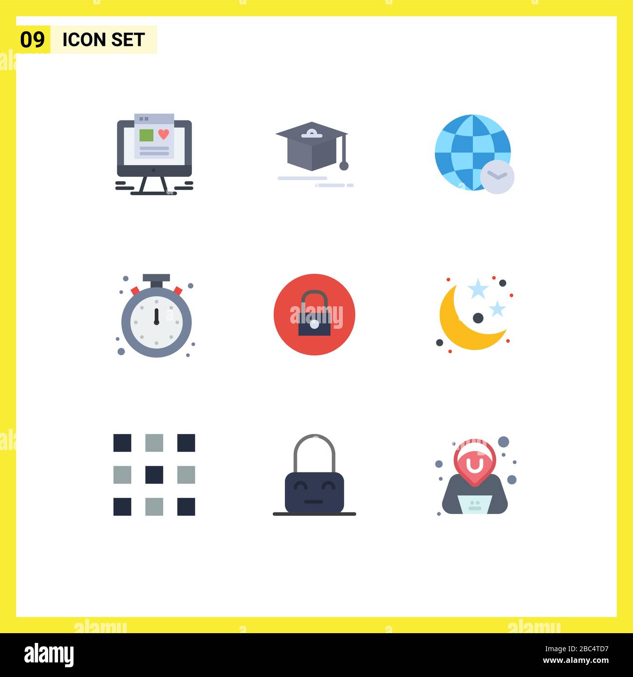 Moderno set di 9 colori piatti e simboli come lettore multimediale, blocco, web, ora, orologio elementi di progettazione vettoriale modificabili Illustrazione Vettoriale