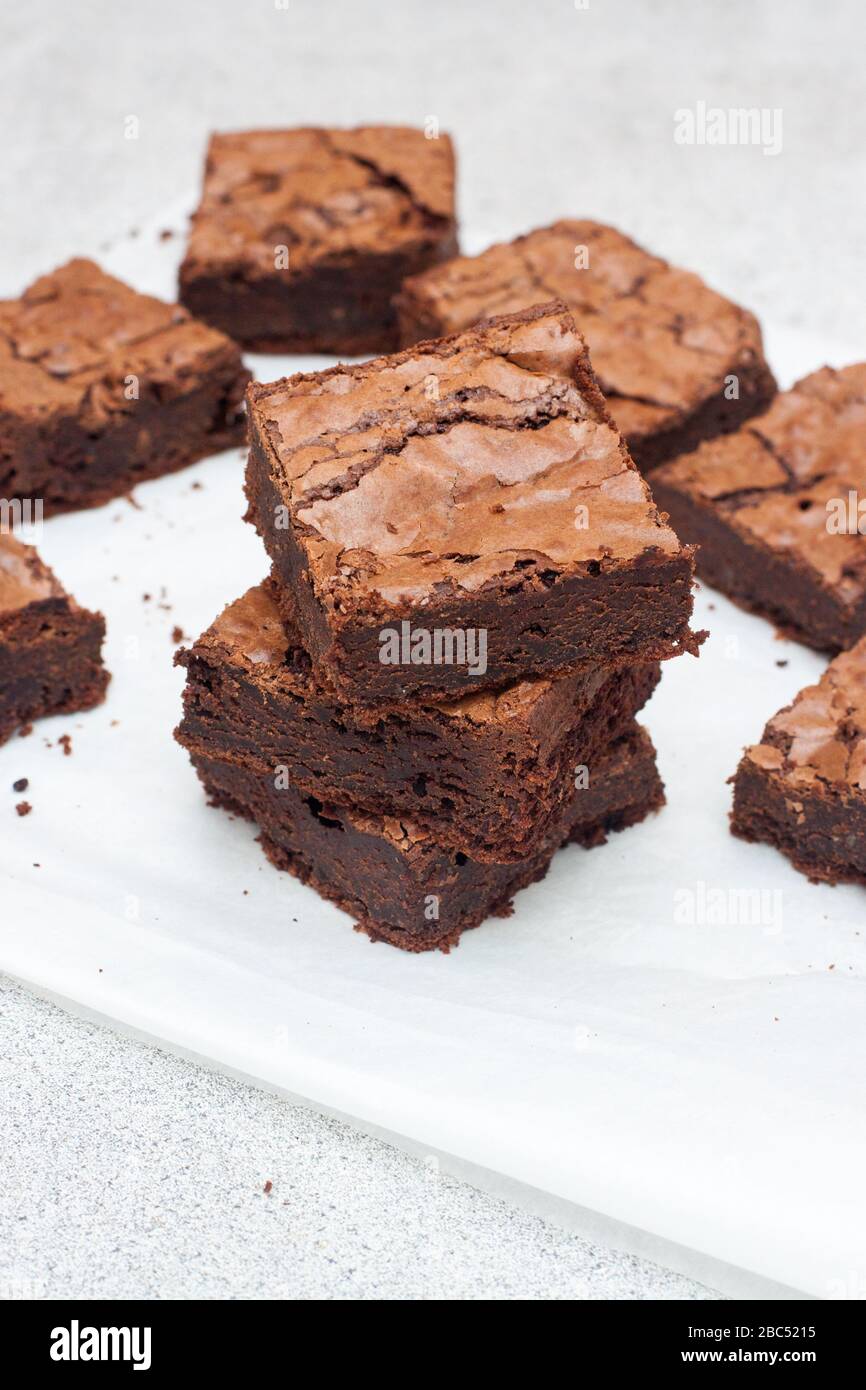 Brownie al cioccolato appena sfornato, tagliate in nove pezzi quadrati. Primo piano Foto Stock