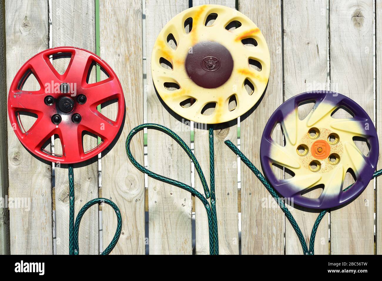 Fiori colorati realizzati con copriruota in plastica (hubcaps) e tubo da giardino su recinzione in legno. Foto Stock