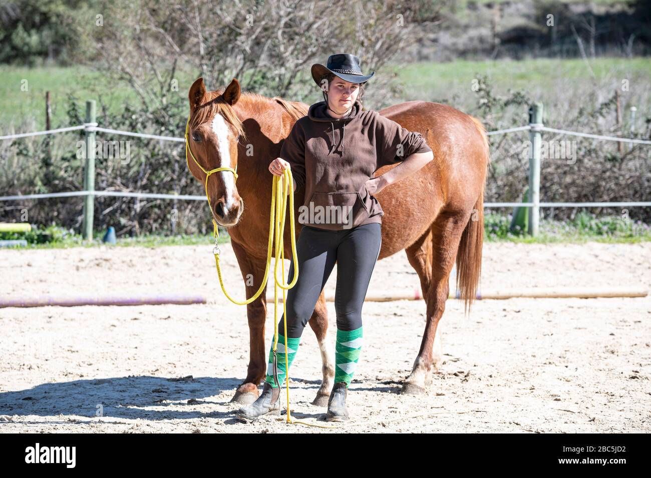 equitazione ragazza stanno addestrando il suo cavallo marrone Foto Stock