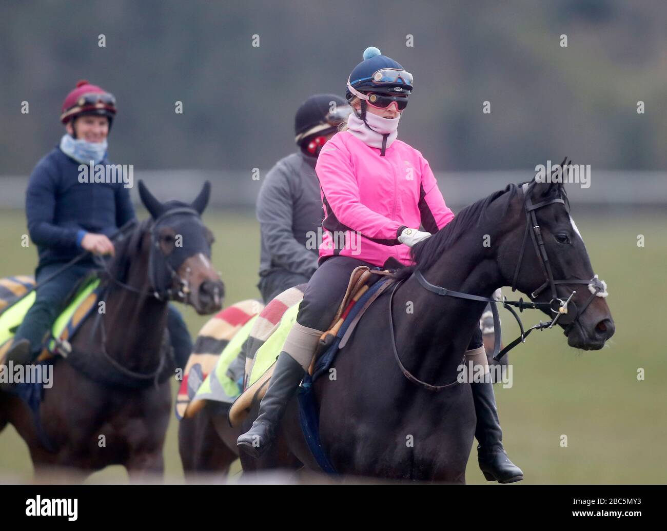 Cavalca i cavalli sul galoppo a Newmarket, Suffolk durante il blocco dei coronavirus Foto Stock