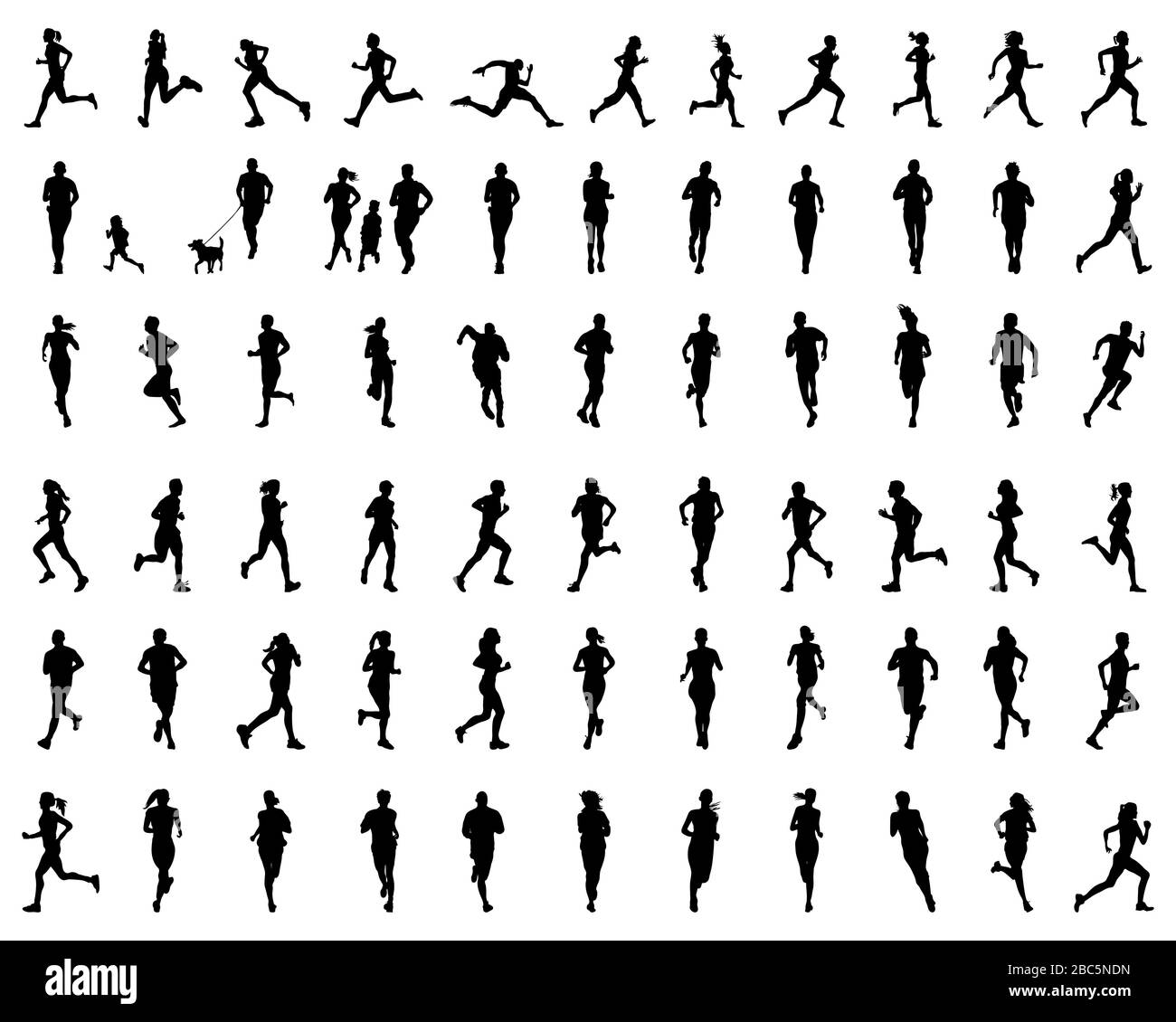Silhouette nere di runner su sfondo bianco Foto Stock