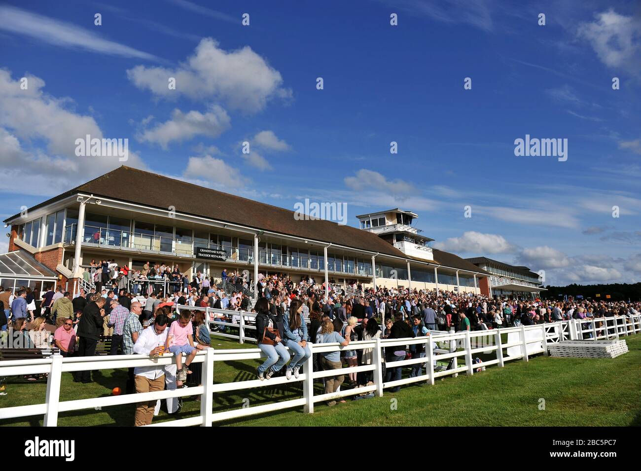 Racegoers immergiti nell'atmosfera del Lingfield Park Foto Stock