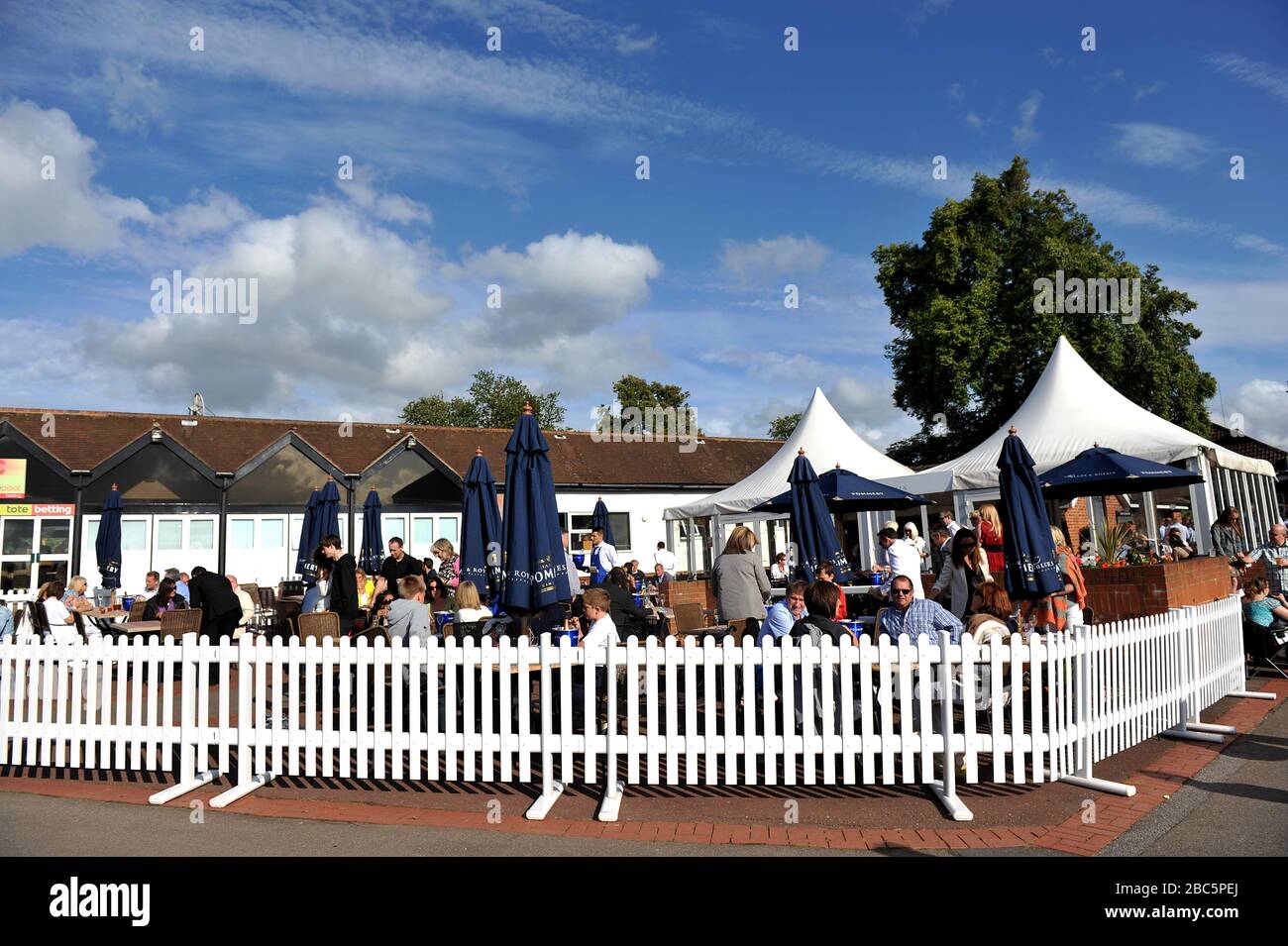 Racegoers immergiti nell'atmosfera del Lingfield Park Foto Stock