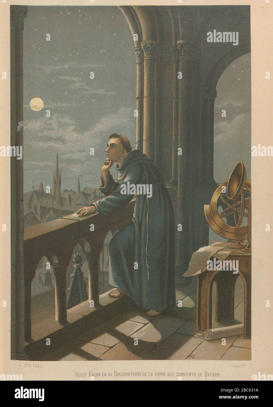 Roger Bacon nel suo osservatorio di Oxford, conosciuto anche dall'accolata scolastica Doctor Mirabilis, era un filosofo inglese medievale e frate francescano che poneva una notevole enfasi sullo studio della natura attraverso l'empirismo da la ciencia y sus Hombres : vidas de los sabios ilustres desde la antigüedad hasta el siglo XIX T. 1 [Scienza e persone Vol 1] di Luis Figuier ; traducción de la tercera edición francesa por Pelegrin Casabó y Pagés ; Ilustrada por Armet, Gomez, Martí y Alsina, Planella, Puiggarí, Serra, stampato a Barcellona nel 1879 Foto Stock