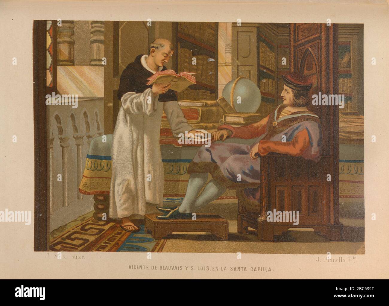 Vincent di Beauvais [Vicente de Beauvais] e Saint Louis (Louis IX) [S. Luis] da la ciencia y sus hombres : vidas de los sabios ilustres desde la antigüedad hasta el siglo XIX T. 1 [Scienza e il suo popolo Vol 1] di Luis Figuier ; traducción de la tercera edición francesa por Pelegrin Casabó y Pagés ; Ilustrada por Armet, Gomez, Martí y Alsina, Planella, Puiggarí, Serra, stampato a Barcellona nel 1879 Foto Stock