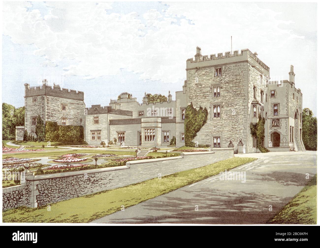 Un'illustrazione colorata del castello di Muncaster, Ravenglass, Cumbria scannerizzato ad alta risoluzione da un libro stampato nel 1870. Creduto copyright libero. Foto Stock
