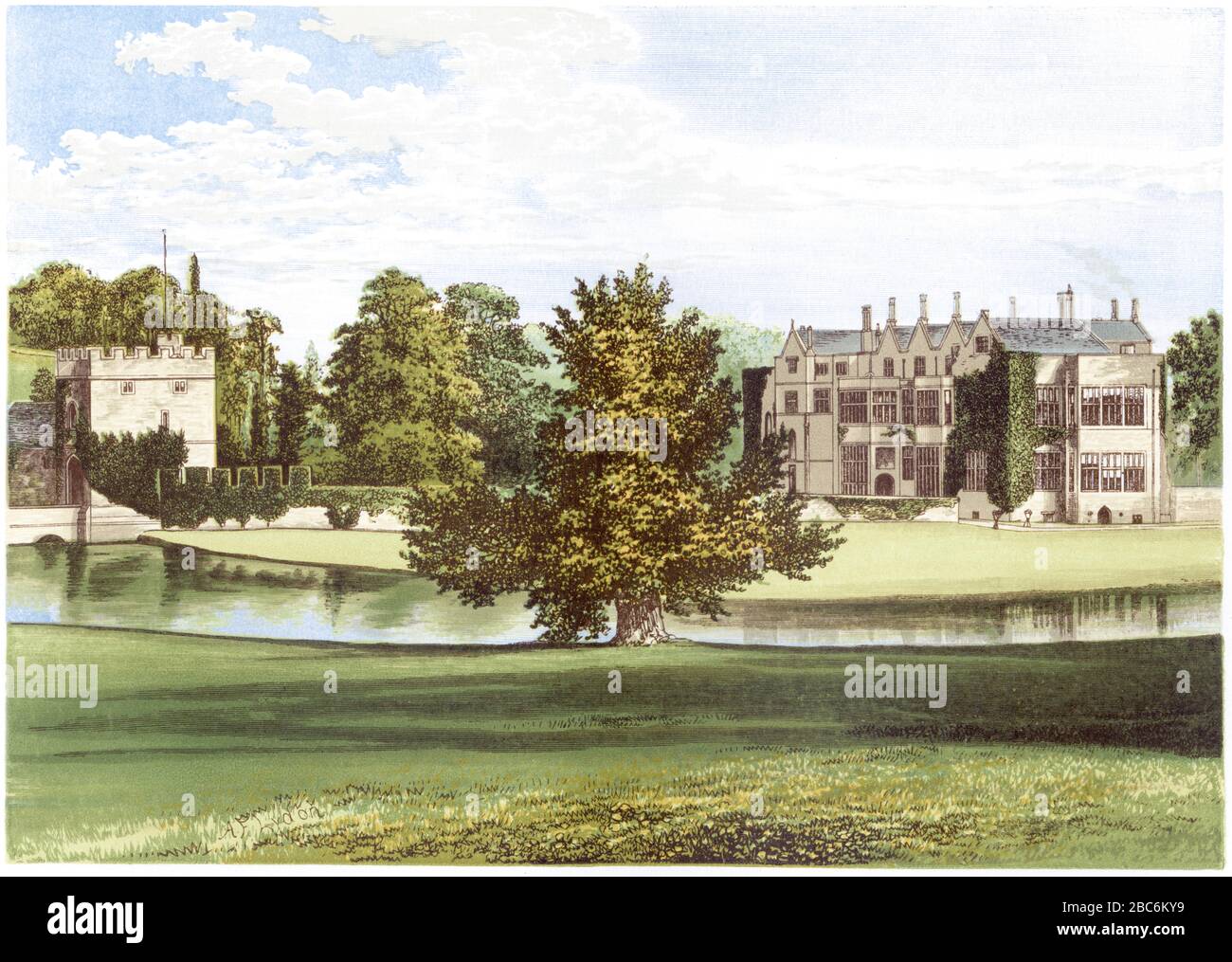 Illustrazione colorata del castello di Broughton vicino Banbury, Oxfordshire scannerizzato ad alta risoluzione da un libro stampato nel 1870. Creduto copyright libero. Foto Stock