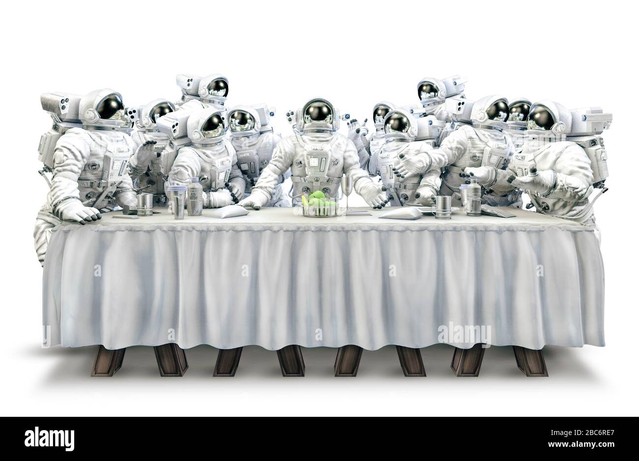 Ultima cena nello spazio / illustrazione 3D di divertente scena di fantascienza surreale con astronauti riuniti intorno al tavolo da pranzo Foto Stock