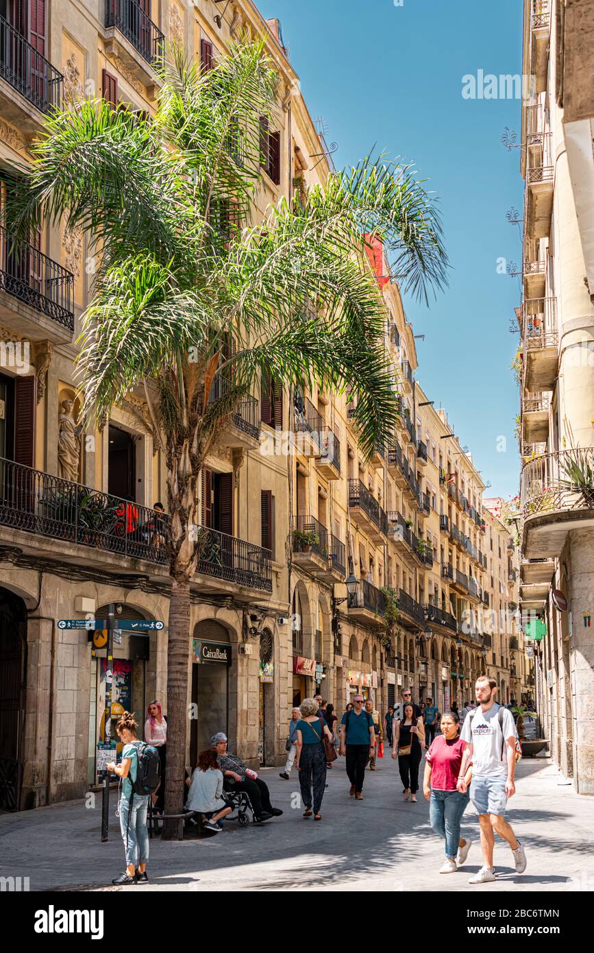 BARCELLONA, SPAGNA - 04 GIUGNO 2019: Persone che visitano il quartiere Gotico, che è il centro storico della città vecchia di Barcellona Foto Stock