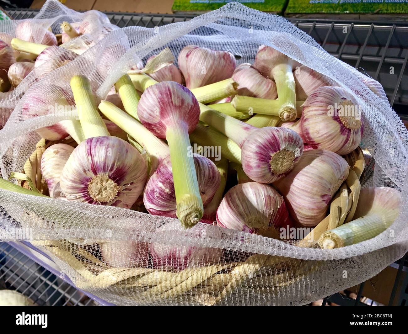 Aglio fresco per confezione. Verdure belle in una scatola nel mercato. Vendita di verdure Foto Stock
