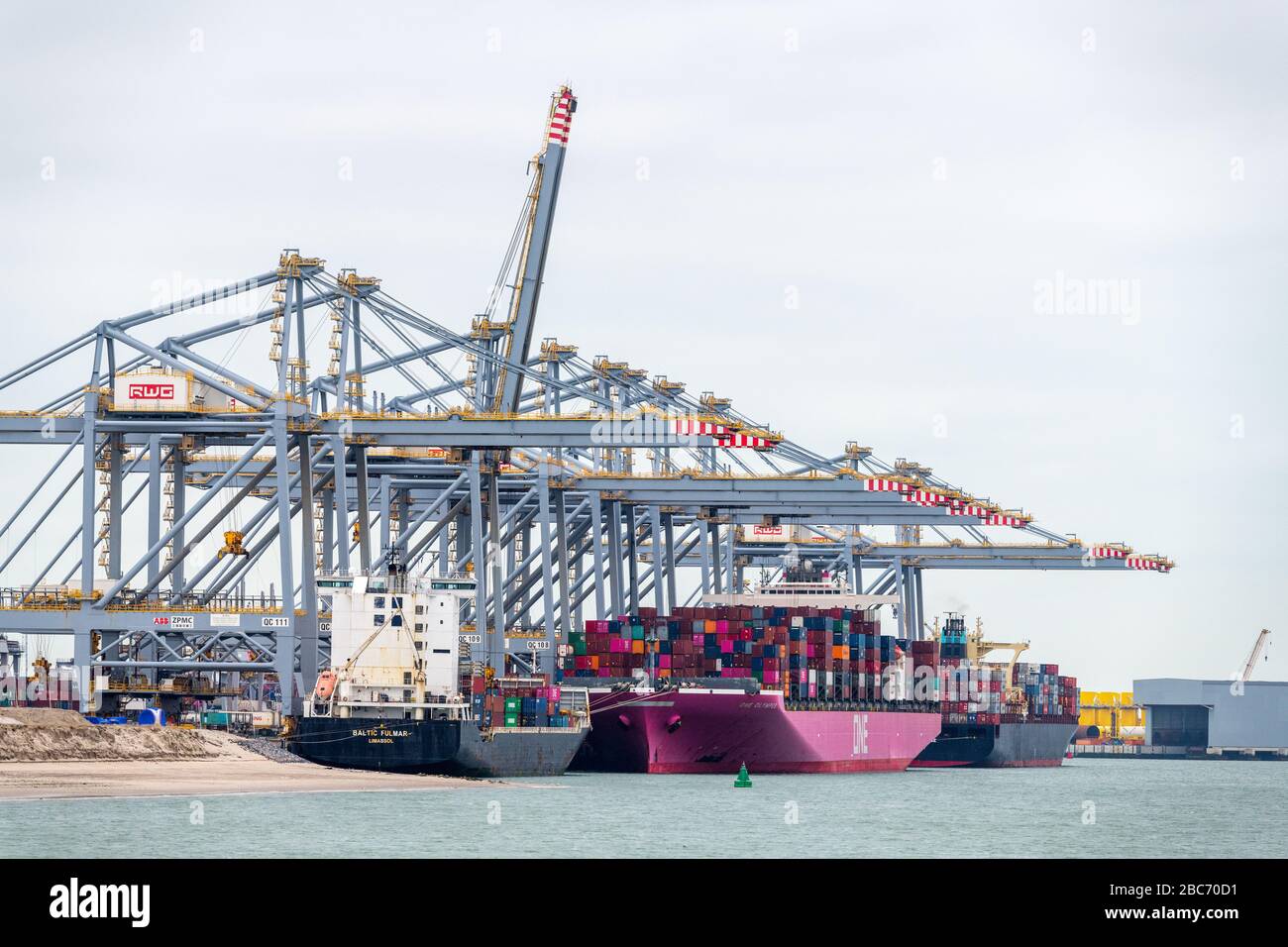 ROTTERDAM, MAASVLAKTE, PAESI BASSI - 15 MARZO 2020: Le navi portacontainer sono ormeggiate al terminal del Rotterdam World Gateway presso il Maasvlakte I. Foto Stock