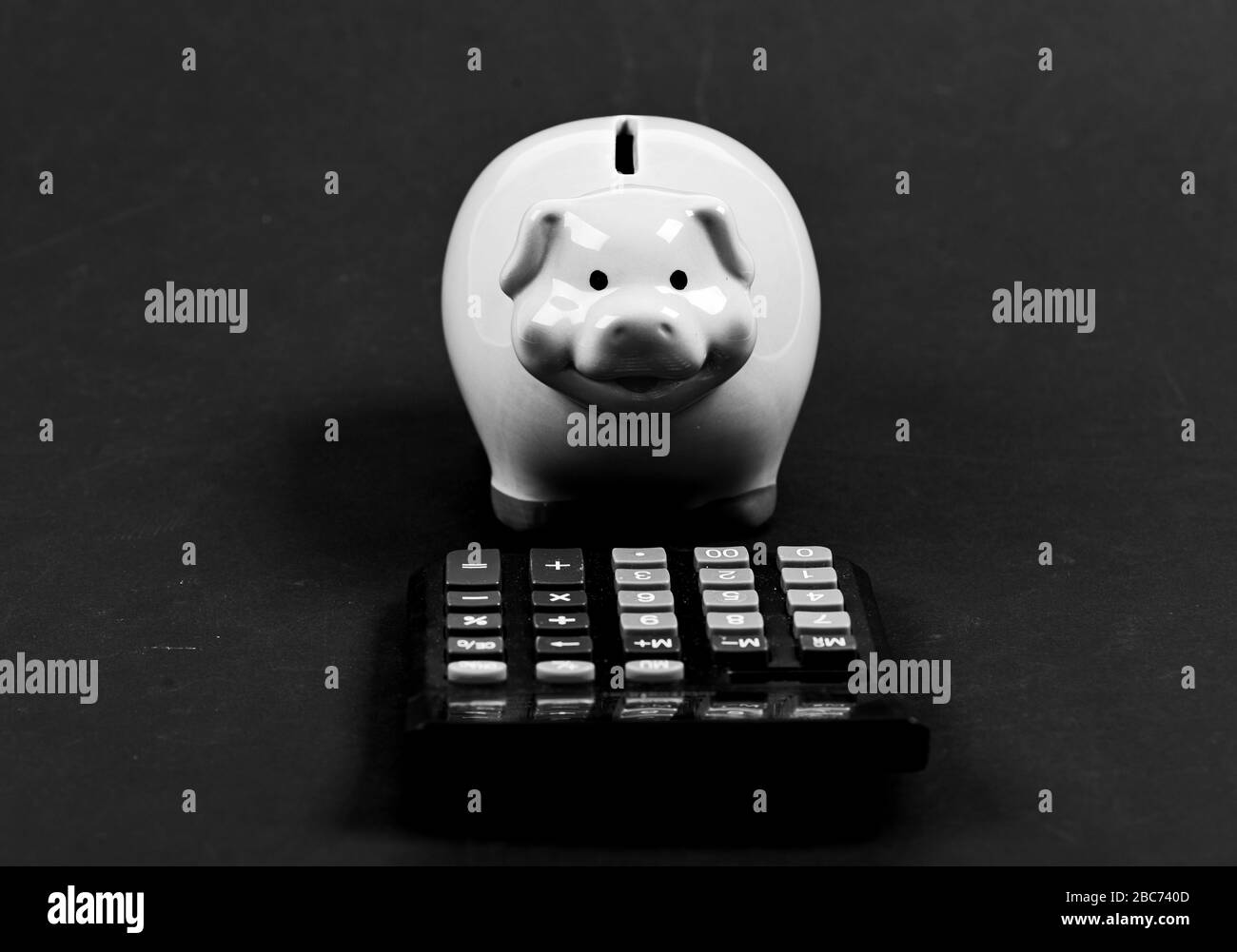 Pianificazione e budget di conteggio. risparmiare denaro. Contabilità e paghe redditi capital management. salvadanaio con la calcolatrice. Salvadanaio. contabilità. problema finanziario. I love shopping Foto Stock