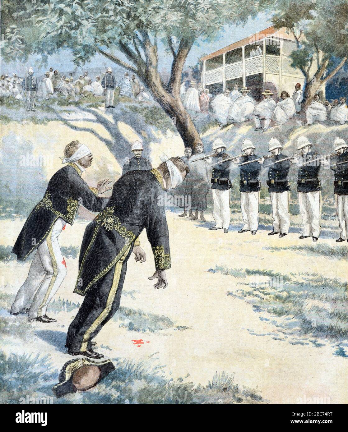 Esecuzione dei combattenti della resistenza da parte delle truppe francesi durante l'invasione francese o la guerra franco-Hova ad Antananarivo o Tananarive novembre 1896. Illustation di incisione da novembre 1896. Foto Stock