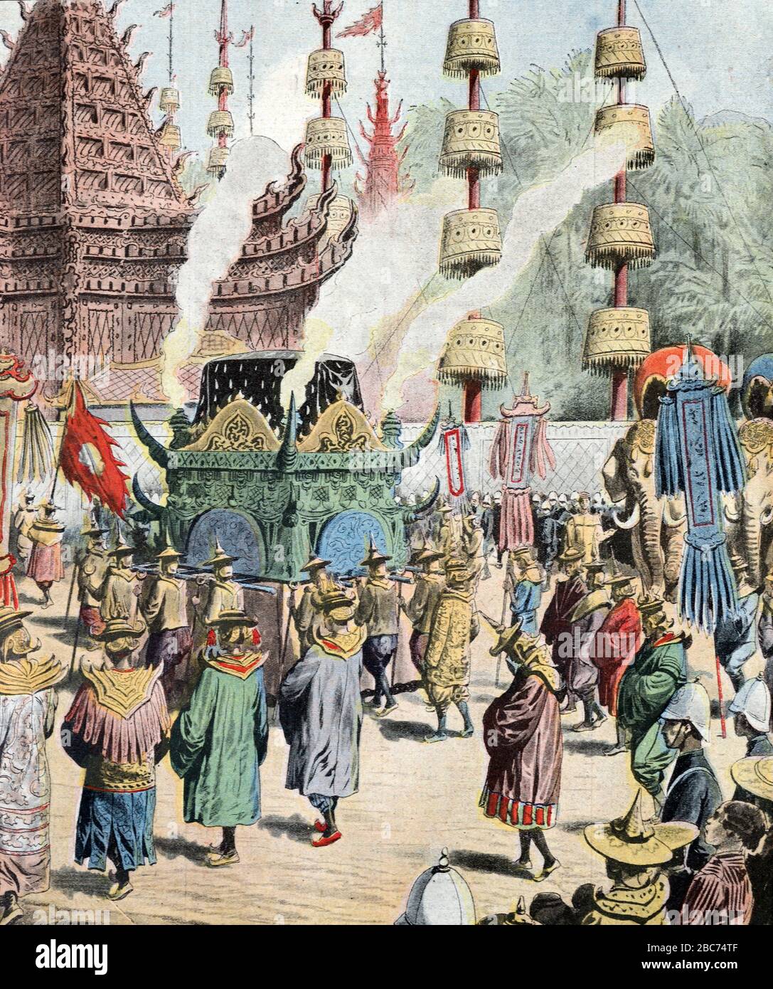 Morte e Processione funeraria o funeraria del re del Siam o del re tailandese Rava V, o Chulalongkorn (1853-1910) regnò -1868-1910) Bangkok Thailandia. Vintage Illustration o incisione Novembre 1910 Foto Stock