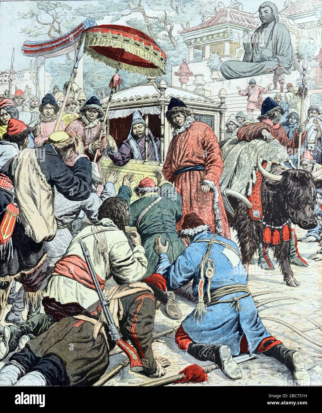 Il tredicesimo o tredicesimo Dalai lama, Thubten Gyatso (1876-1933) in strada Processione & trasporto tirato da uno Yak, Lhasa Tibet Cina. Vintage o Old Illustration Nov 1904 Foto Stock