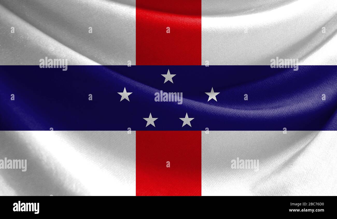 Bandiera realistica delle Antille olandesi sulla superficie ondulata di tessuto Foto Stock