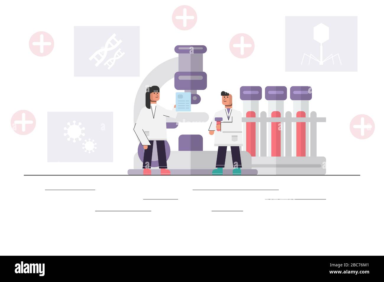 Due scienziati medici che lavorano al loro lavoro con grande microscopio, provette di sangue su rack e immagine di DNA, virus. Illustrazione Vettoriale