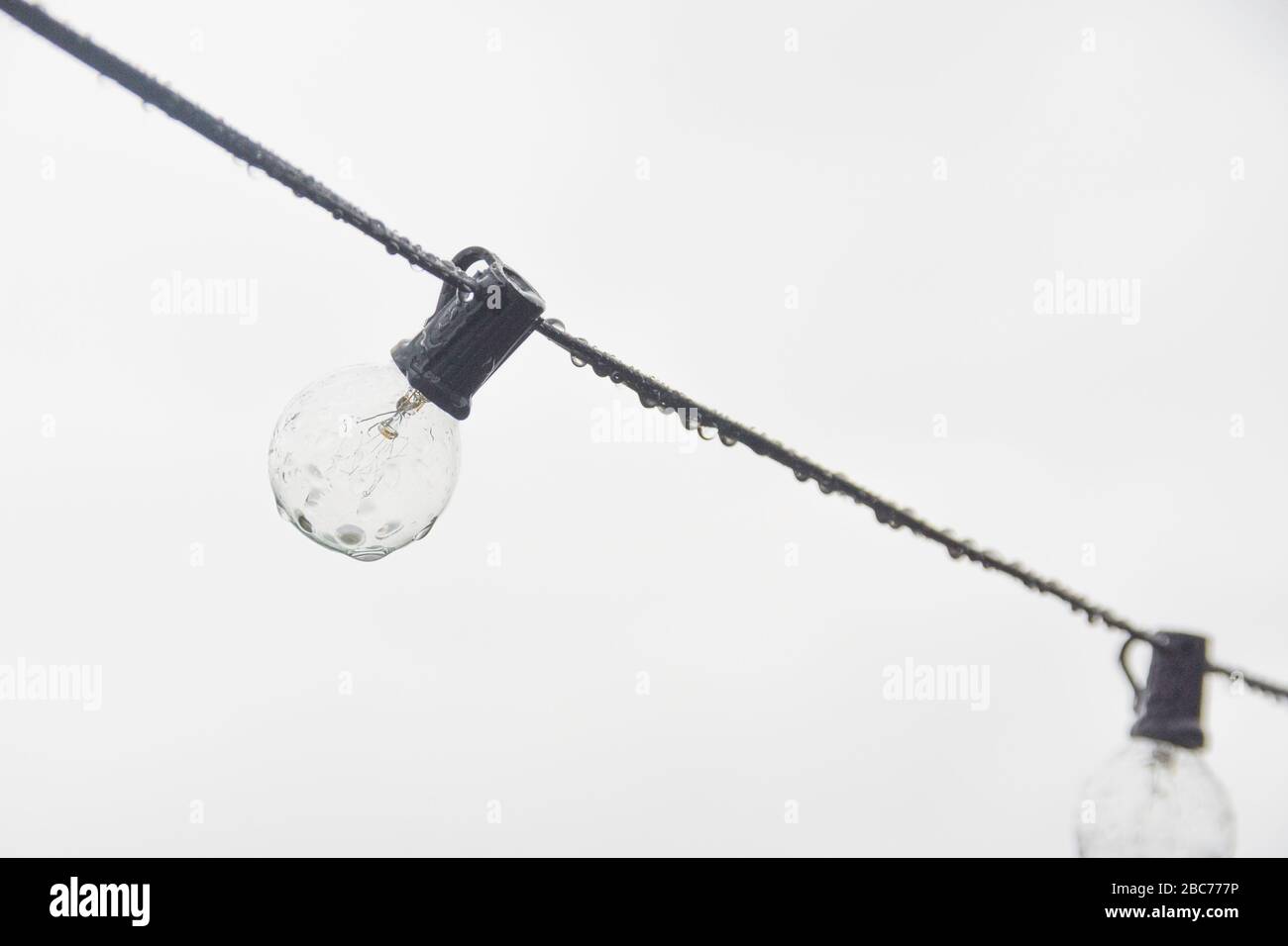 Una lampadina bagnata in dettaglio davanti alla nebbia bianca. Sullo sfondo un paesaggio nebbioso. Bianco e nero. Foto Stock Una lampadina bagnata in dettaglio davanti alla nebbia bianca. Sullo sfondo un paesaggio nebbioso. Bianco e nero. Foto Stock