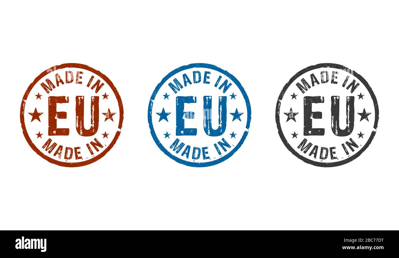Made in EU, Europe, European Union francobolli icone in poche versioni a colori. Illustrazione del rendering 3D in fabbrica, produzione e paesi di produzione. Foto Stock