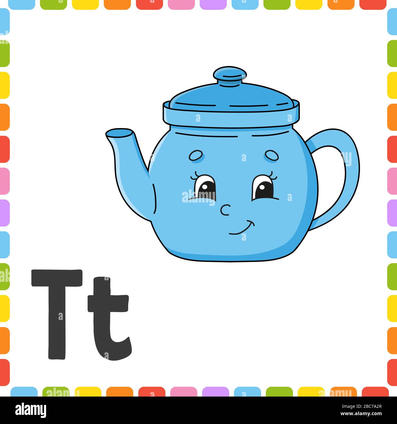 Alfabeto inglese. Lettera T - teapot. Schede flash quadrate ABC. Personaggio cartoon isolato su sfondo bianco. Per l'educazione dei bambini. Sviluppo del foglio di lavoro. Illustrazione Vettoriale