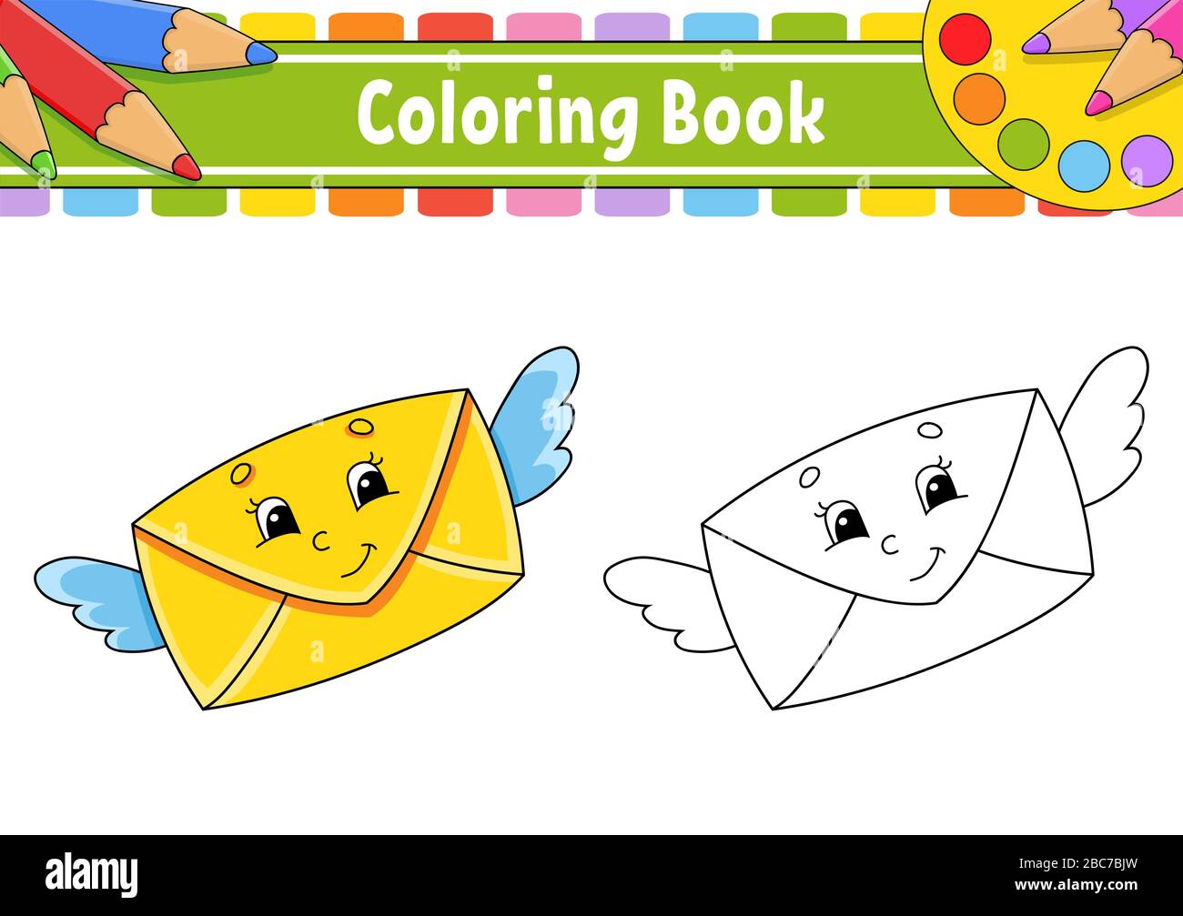 Libro da colorare per bambini. Una busta di posta con le ali vola e sorride. Personaggio dei cartoni animati. Illustrazione del vettore. Profilo nero. Isolato su whi Illustrazione Vettoriale