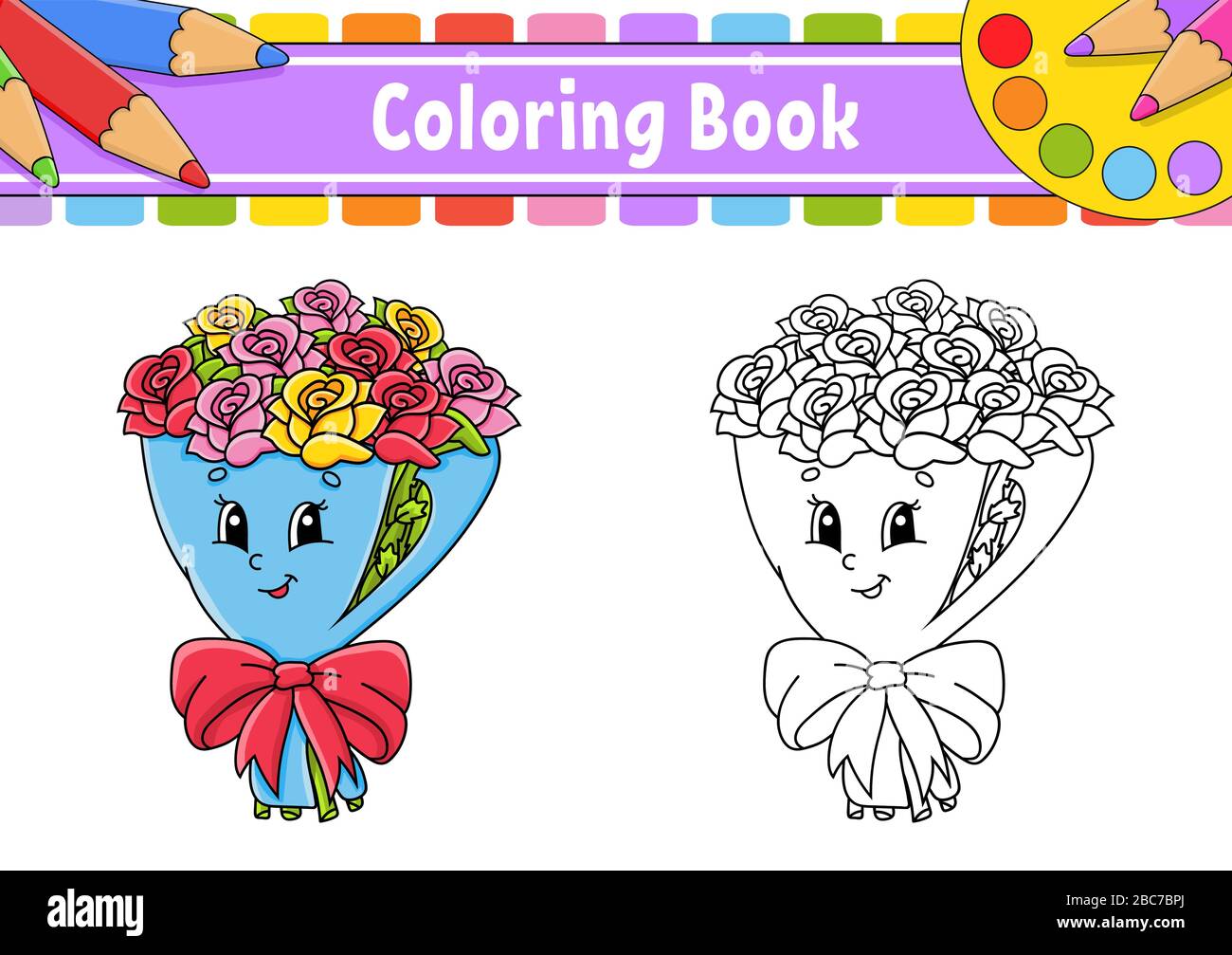 Libro da colorare per bambini. Bouquet di rose fiori su carta da imballaggio con prua. Personaggio dei cartoni animati. Illustrazione del vettore. Profilo nero. Isolare Illustrazione Vettoriale