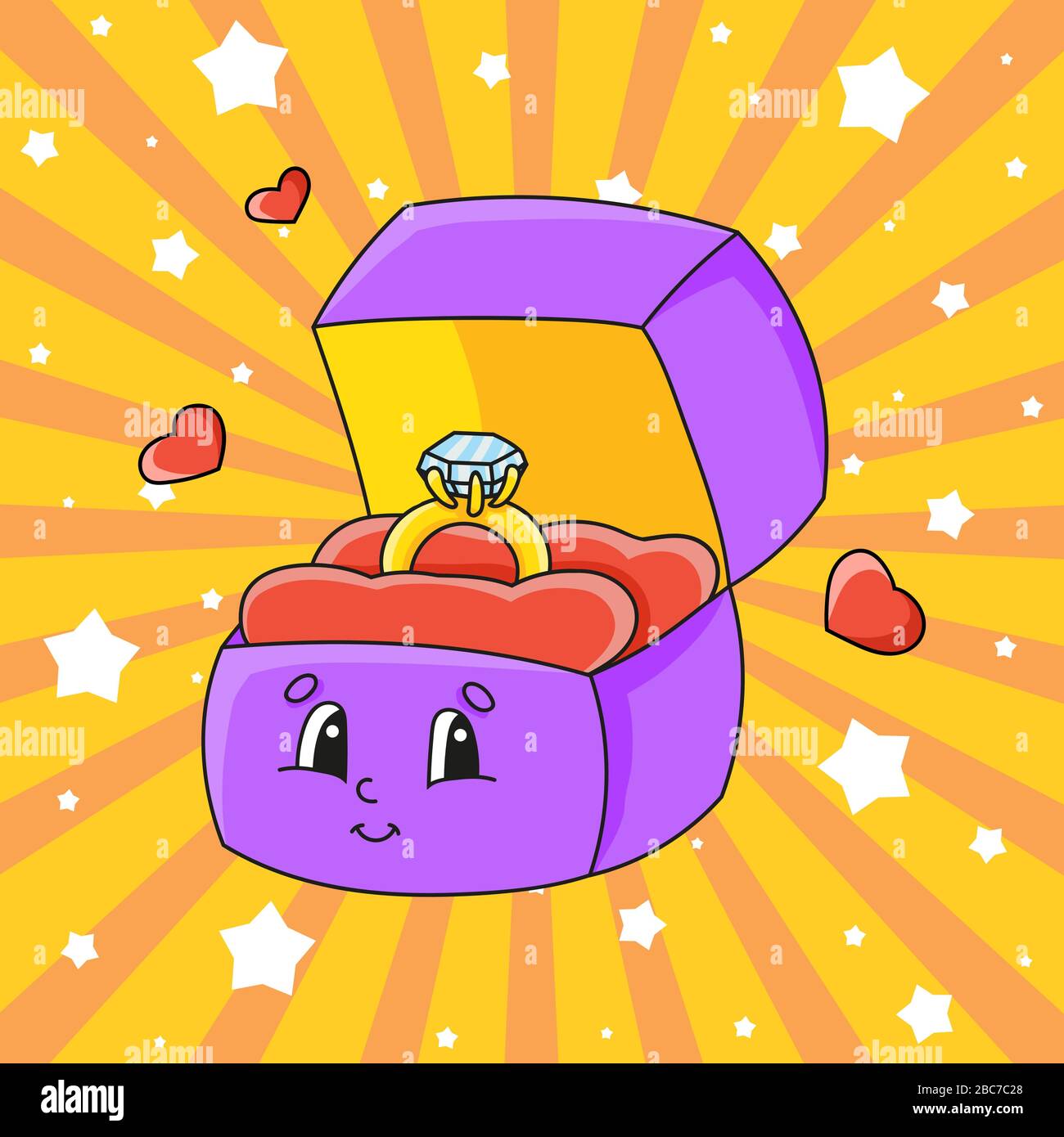 Aprire la scatola con un anello in oro. Carino personaggio cartone animato. Immagine vettoriale colorata. San Valentino. Isolato su sfondo a colori. Modello per i vostri desi Illustrazione Vettoriale