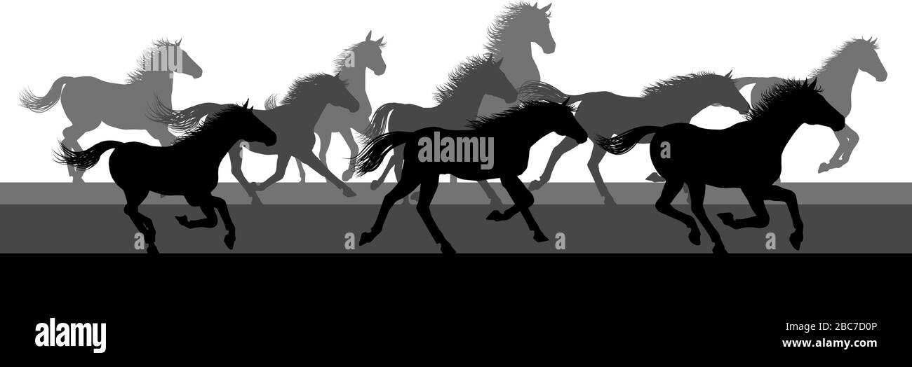 Corsa cavalli Silhouette mandria Illustrazione Vettoriale