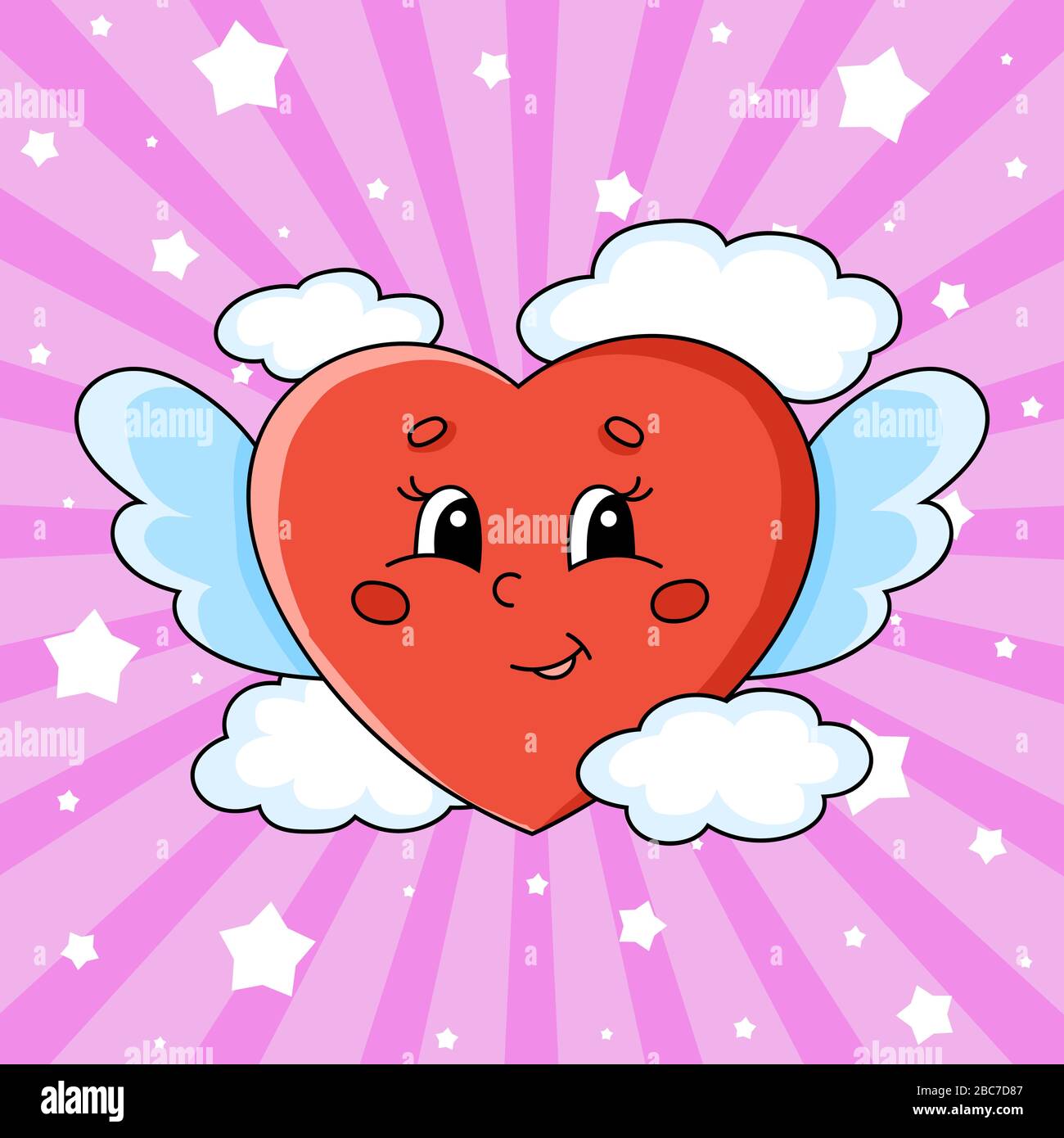 Un cuore amorevole con le ali vola tra le nuvole. Carino personaggio cartone animato. Immagine vettoriale colorata. San Valentino. Isolato su sfondo a colori. Te Illustrazione Vettoriale