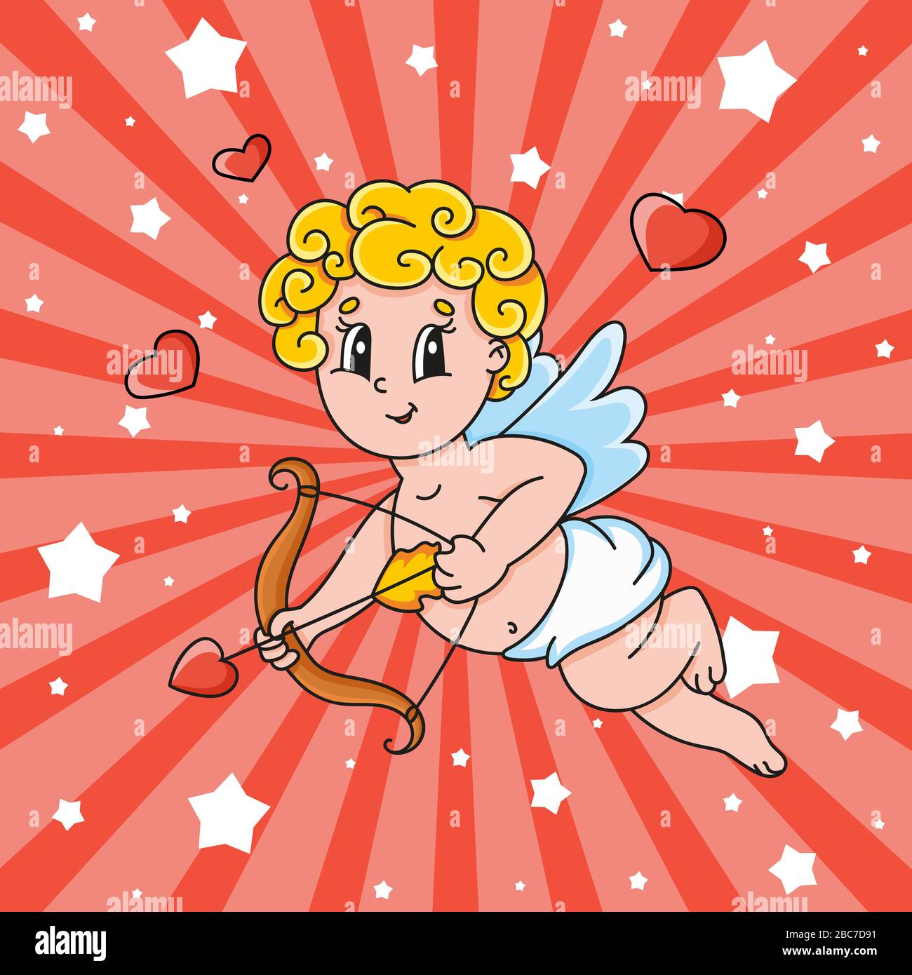 Un cupido con le ali vola e tiene un arco e una freccia. Carino personaggio cartone animato. San Valentino. Immagine vettoriale colorata. Isolato su backgroun colore Illustrazione Vettoriale