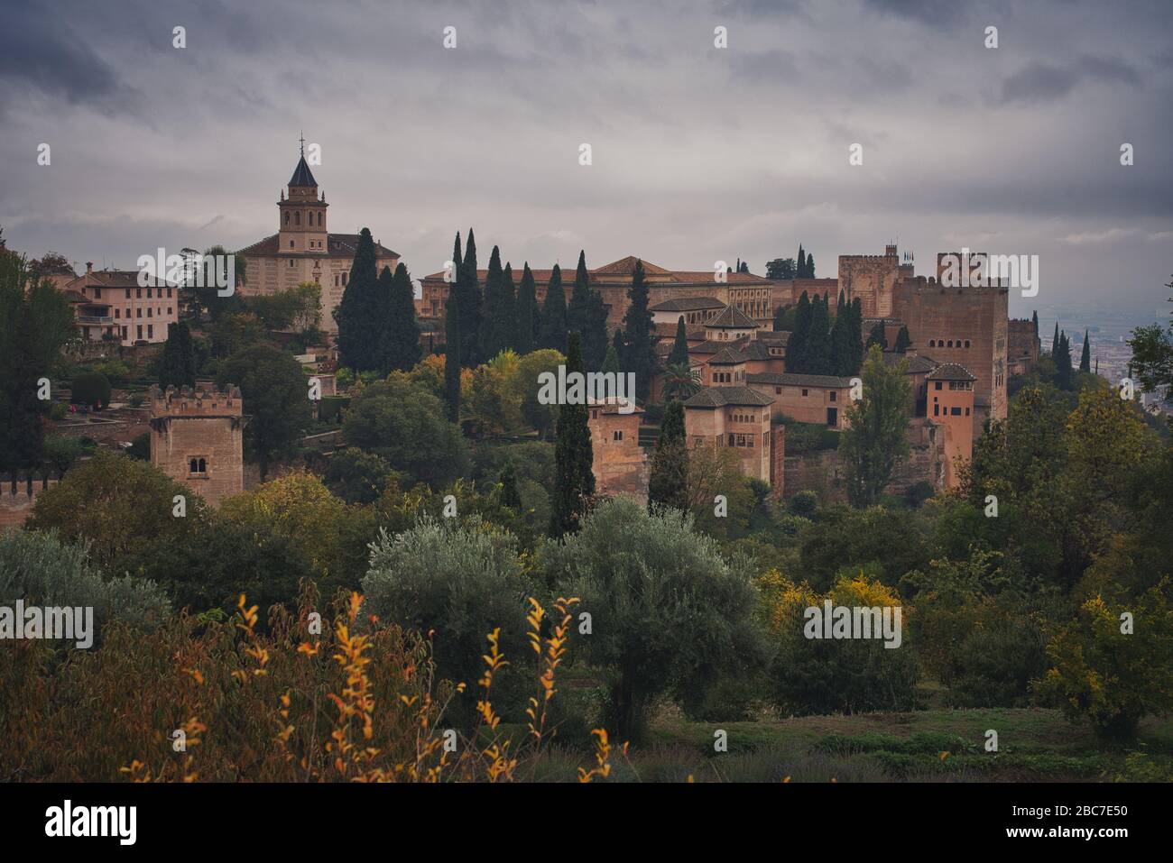 Foto panoramica dell'Alhambra in una giornata di pioggia Foto Stock