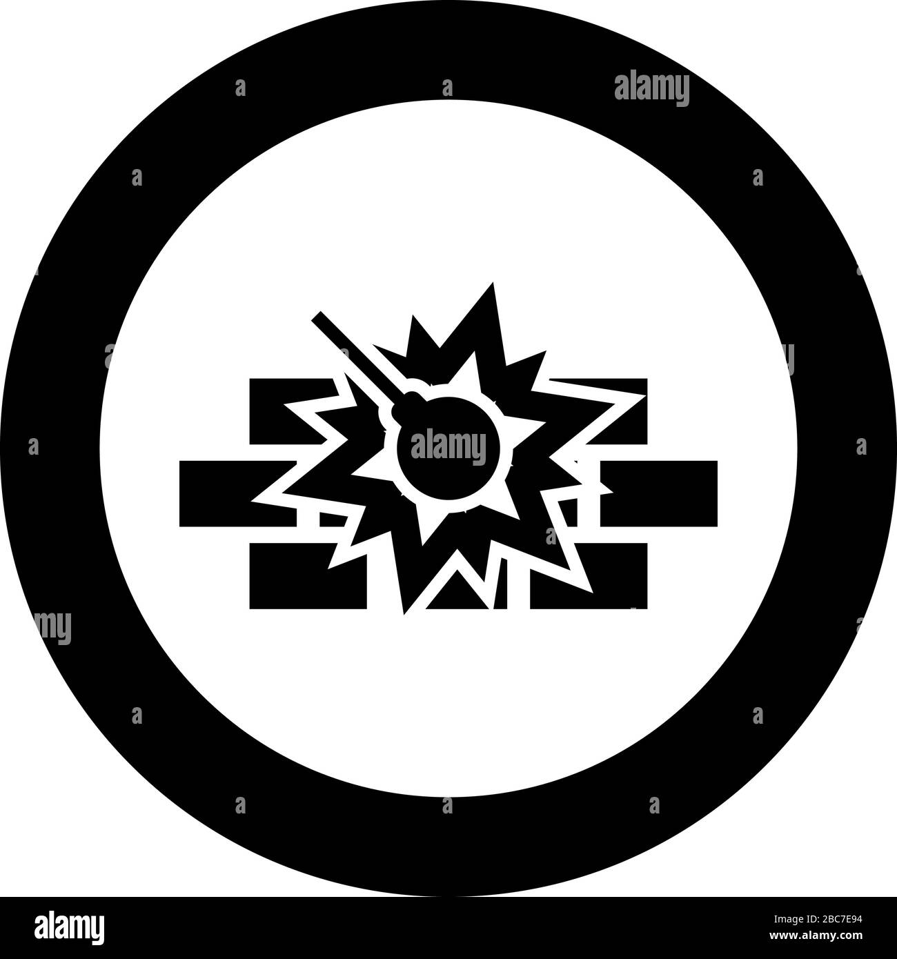 Macchina demolitrice funzionante sulla costruzione della costruzione distruggendo muro di mattoni con palla di metallo Wrecking casa casa concetting icona in cerchio rotondo nero Illustrazione Vettoriale