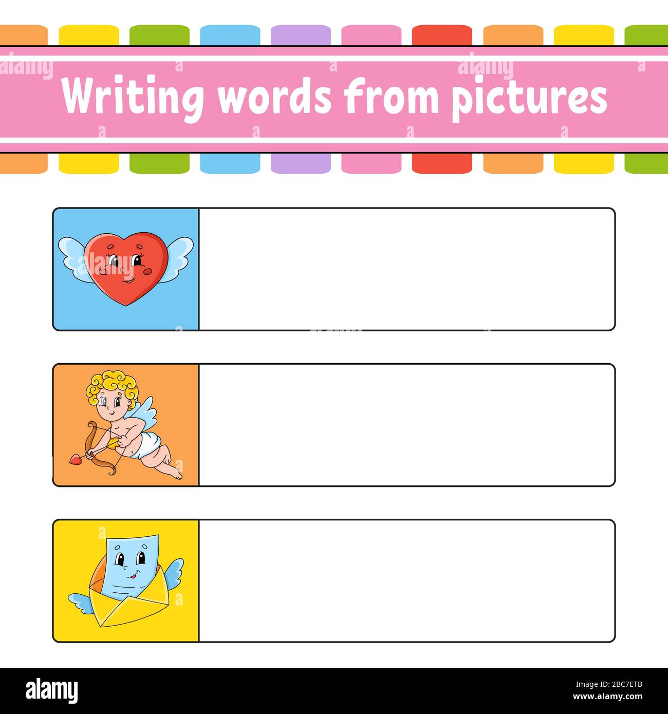 Scrittura di parole da immagini. Foglio di lavoro per lo sviluppo dell'istruzione. Cuore, Cupido, busta. Pagina di attività per bambini. Puzzle per bambini. Illu vettore isolato Illustrazione Vettoriale