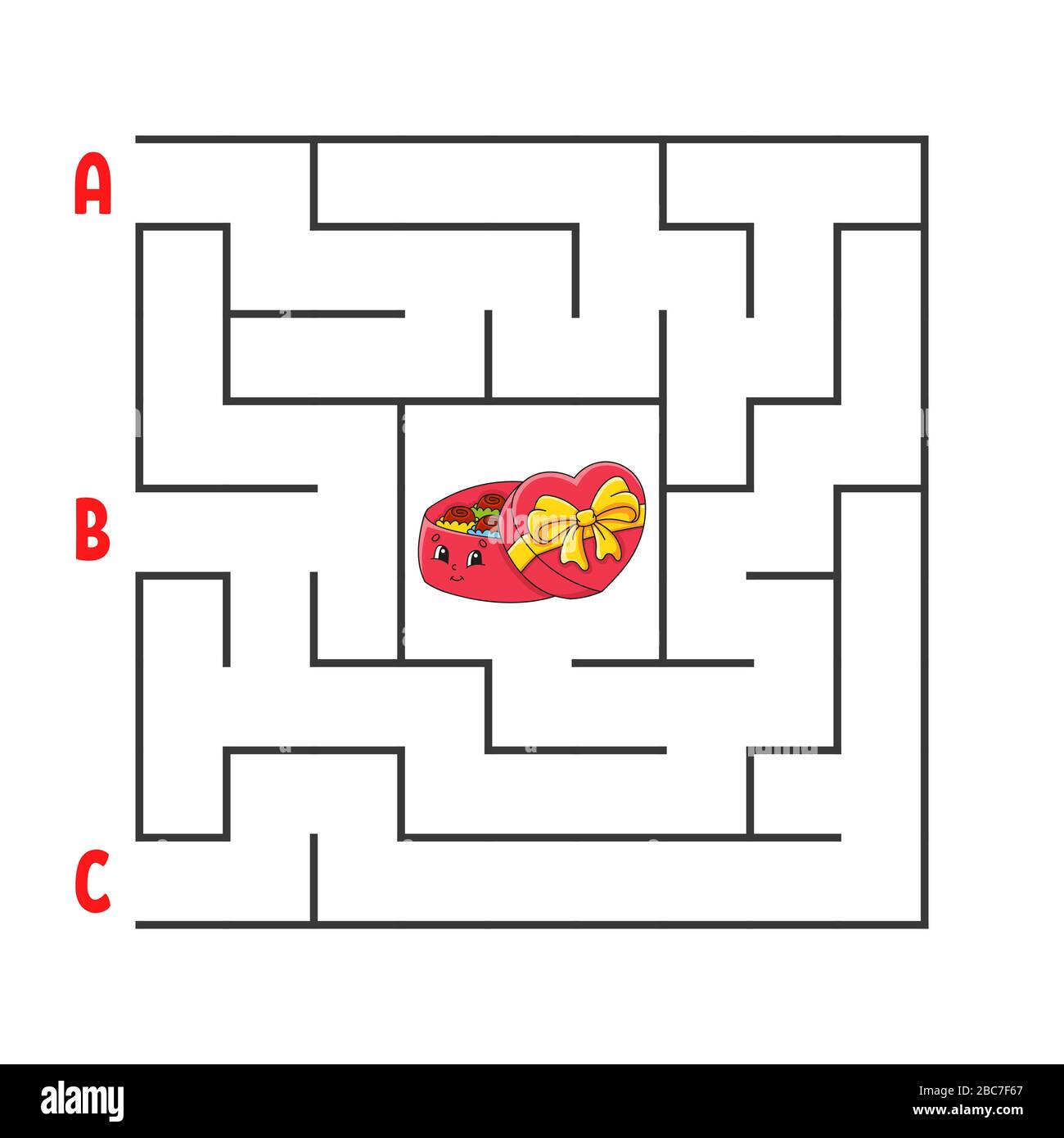 Labirinto quadrato. Gioco per bambini. Puzzle per bambini. Cartone animato personaggio caramella scatola. Labirinto enigma. Illustrazione del vettore colore. Trova il percorso giusto. La Illustrazione Vettoriale