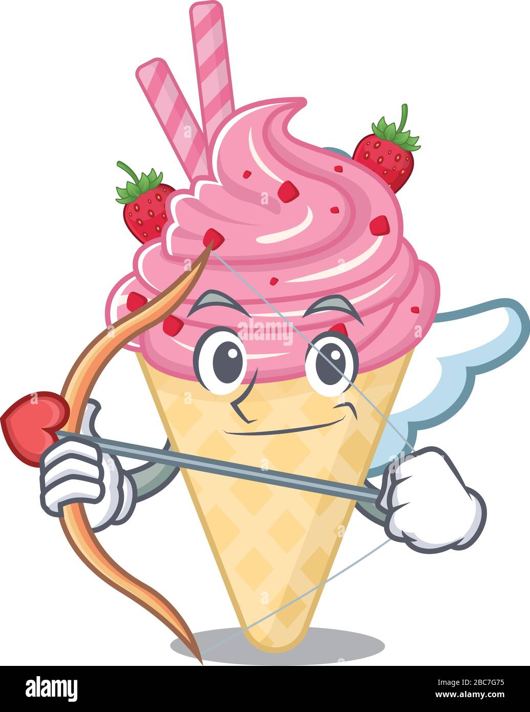 Gelato alla fragola nel personaggio dei cartoni animati cupidi con freccia e ali Illustrazione Vettoriale