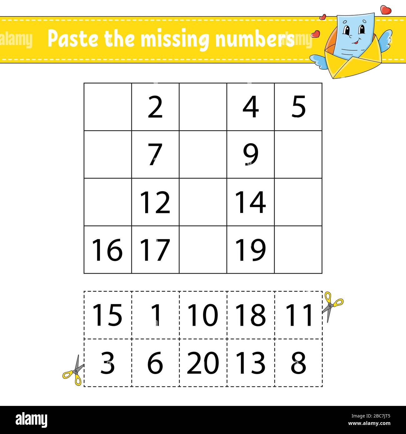 Incollare i numeri mancanti 1-20. Gioco per bambini. Pratica di scrittura a mano. Numeri di apprendimento per i bambini. Foglio di lavoro per lo sviluppo dell'istruzione. Pagina attività. ISO Illustrazione Vettoriale