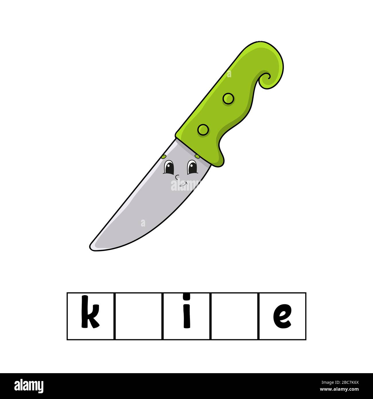 Puzzle di parole. Coltello. Foglio di lavoro per lo sviluppo dell'istruzione. Imparare il gioco per i bambini. Pagina attività colore. Puzzle per bambini. Inglese per prescolare. Vettore i Illustrazione Vettoriale